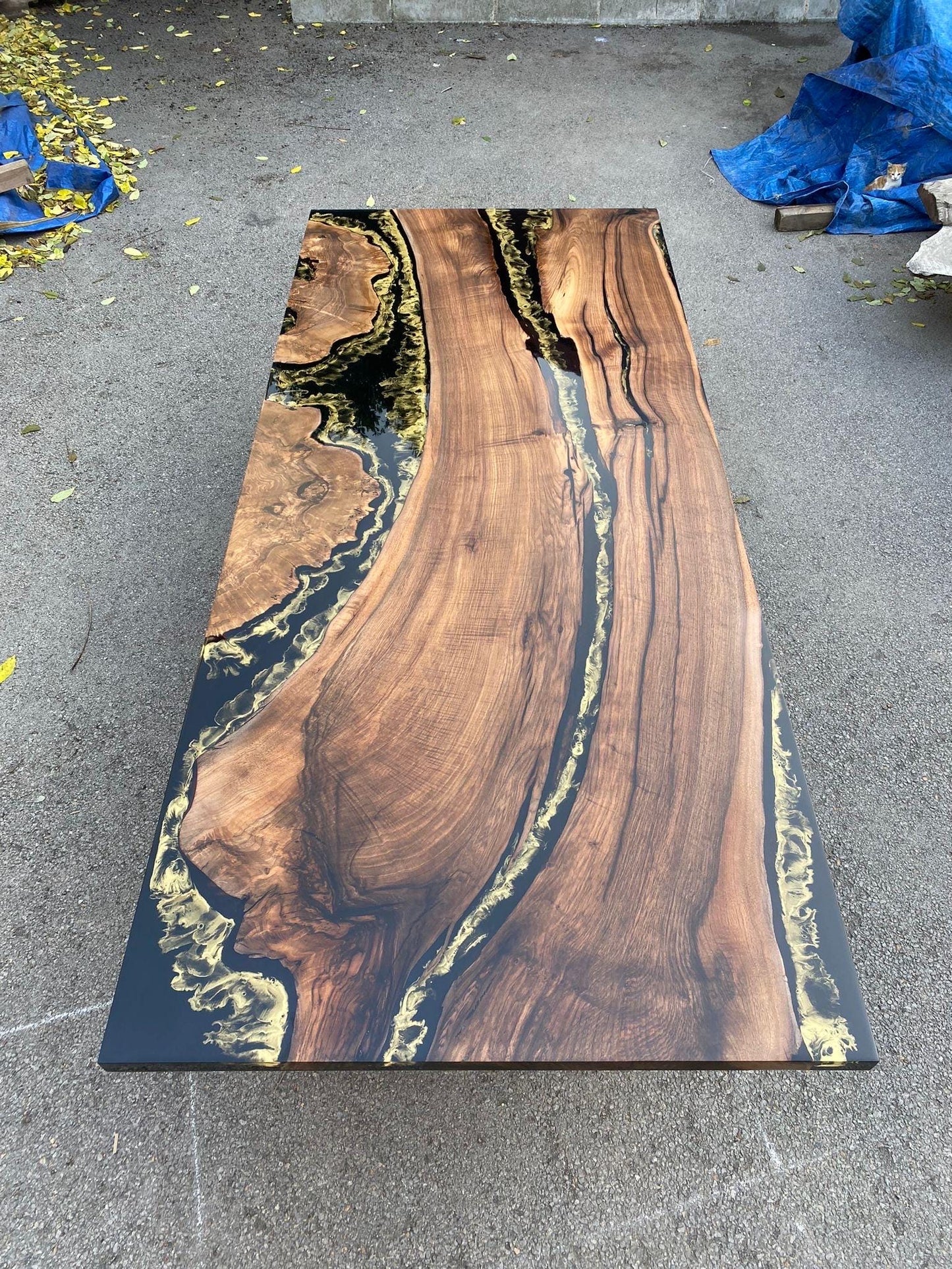 Walnut Epoxy Table, Custom 115” x 48" Black Epoxy Table, Gold Leaf Table, River Table, Live Edge Table, Epoxy Dining Table for Robert M