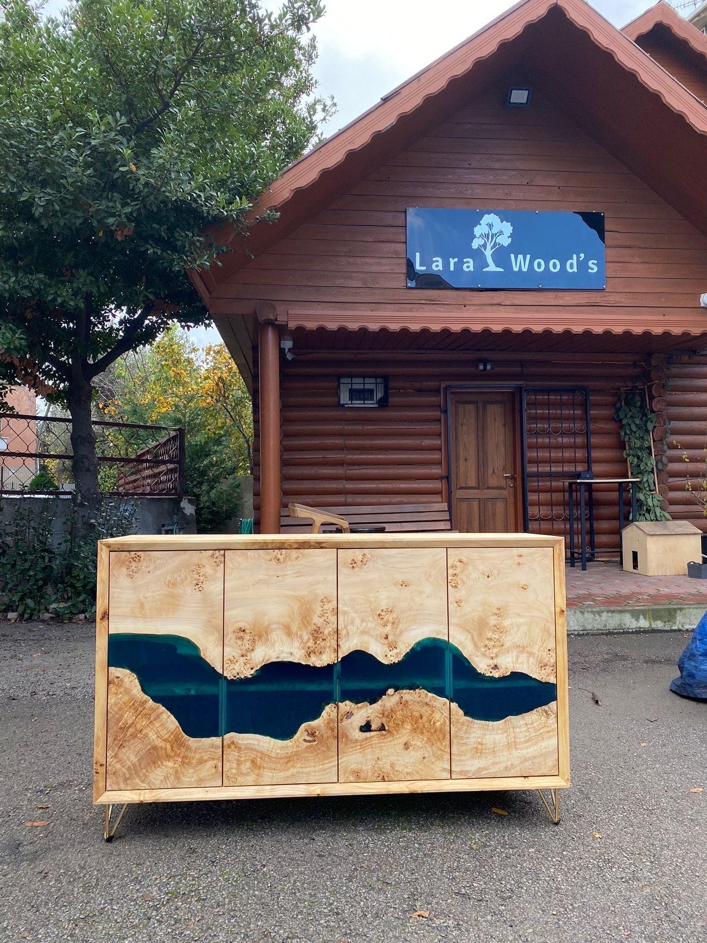 Made to Order Custom 56" x 16" x 34" Epoxy Resin Credenza, Poplar Light Blue Epoxy Accent Cabinet Console, Epoxy Credenza Order for Tessa