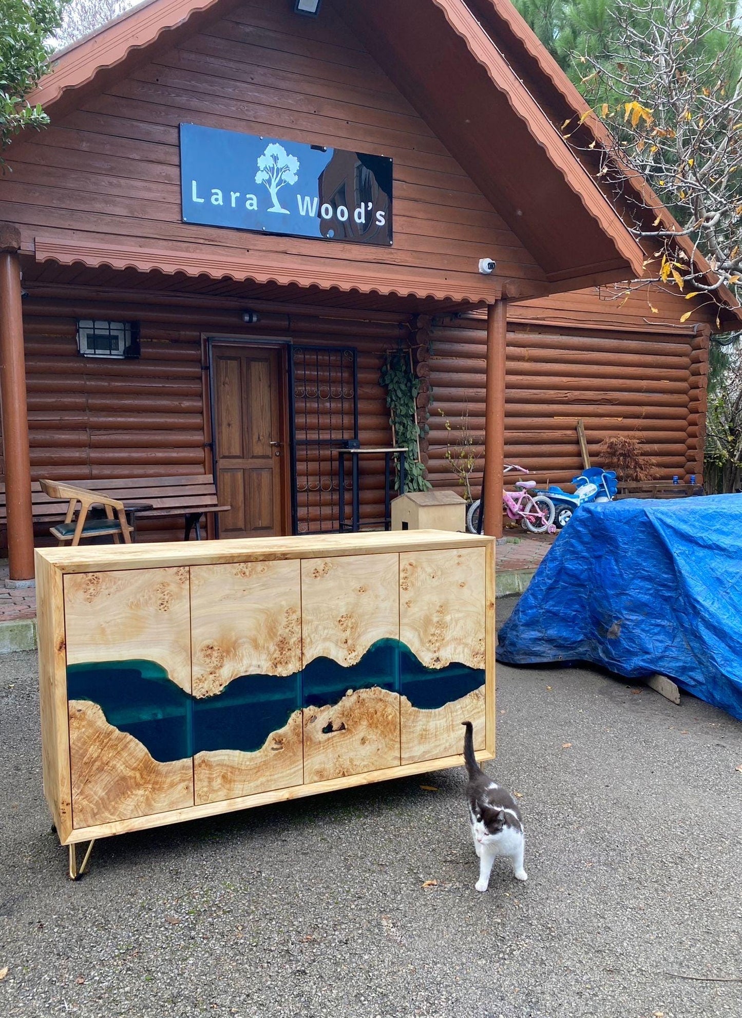 Made to Order Custom 56" x 16" x 34" Epoxy Resin Credenza, Poplar Light Blue Epoxy Accent Cabinet Console, Epoxy Credenza Order for Tessa