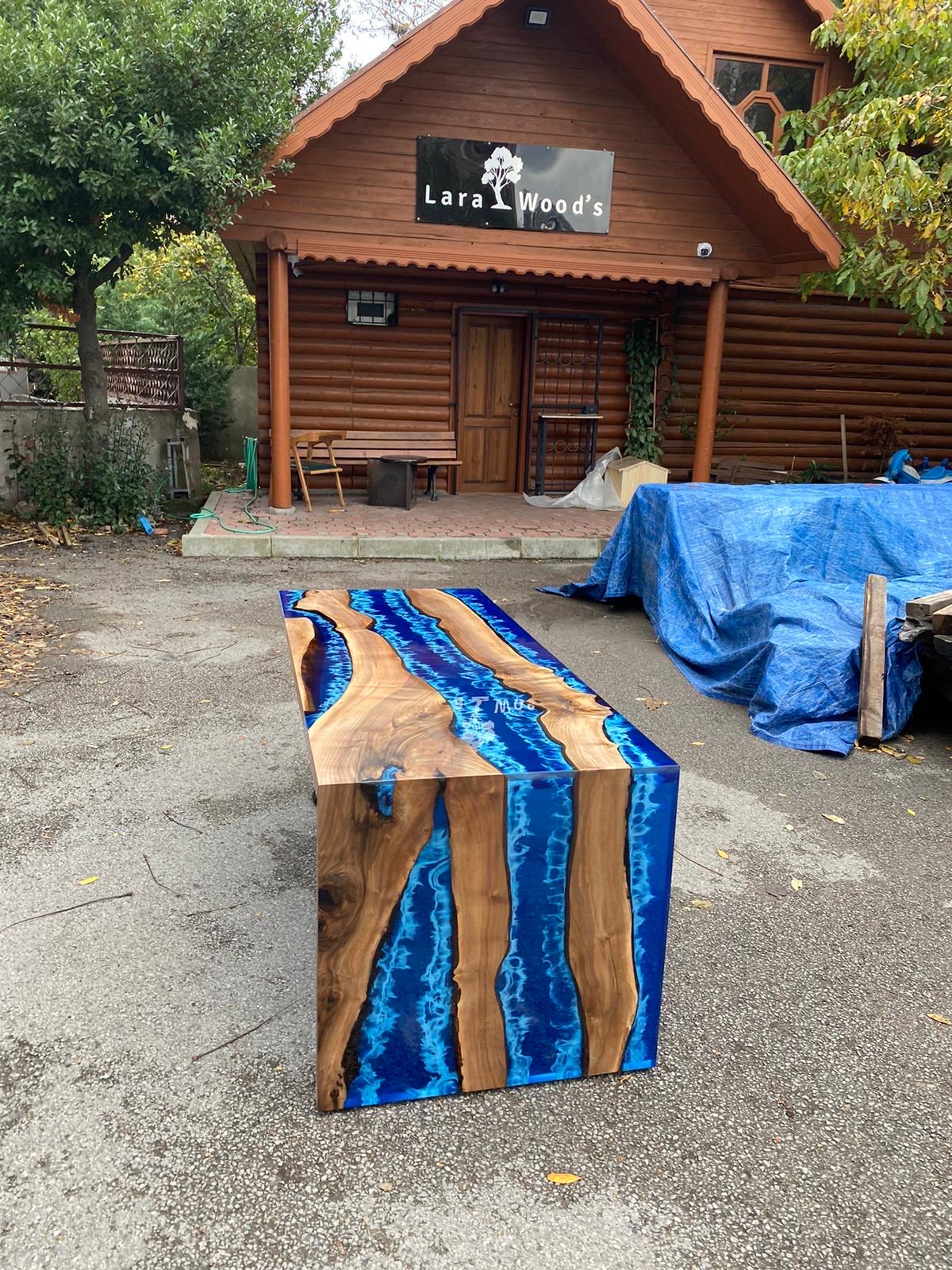 Custom 72” x 30” Walnut Ocean Blue, Turquoise White Waves Epoxy Table, Epoxy River Dining Waterfall Shape Table Order for Diane W