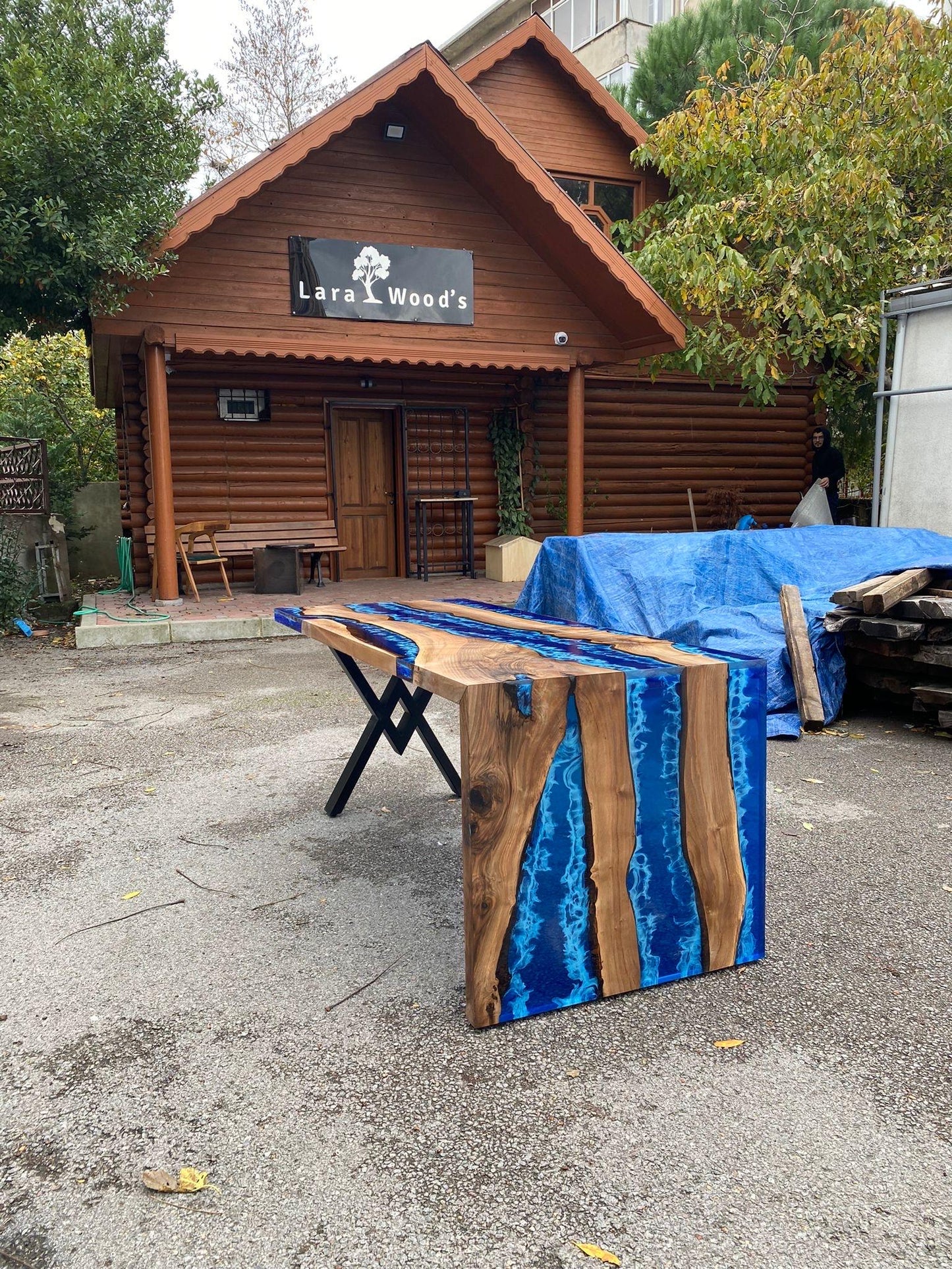 Custom 72” x 30” Walnut Ocean Blue, Turquoise White Waves Epoxy Table, Epoxy River Dining Waterfall Shape Table Order for Diane W