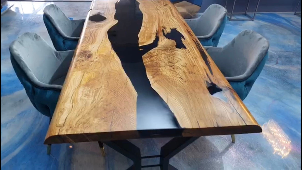87" x 40" Natural Black River Table, Chestnut Dining Table, Black Epoxy Resin River Table, Chestnut Table, Luxury Dining Table