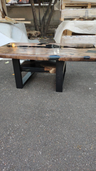 Epoxy Table, Epoxy Dining Table, Walnut Epoxy River Table, Custom 51” x 31” Walnut Black Epoxy Coffee Table with Shelf, Order for Reya