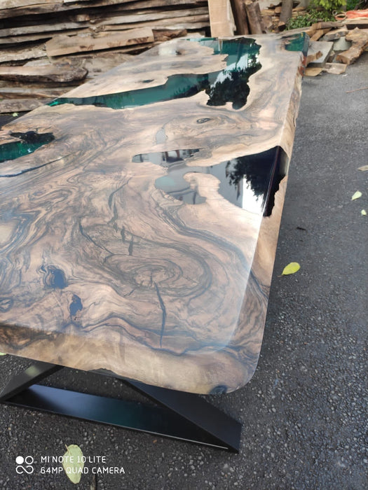 Walnut Dining Table, Wooden Table, Custom 96” x 36” Walnut Deep Ocean Turquise Green Table, Epoxy River Dining Table, Order for Carmelita