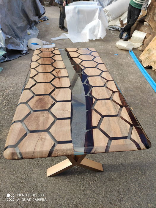 60” x 30” Walnut Clear Epoxy Table, Hexagon Honeycomb Table, Clear Resin Walnut Table, Handmade Epoxy Table, Unique Resin Table for E