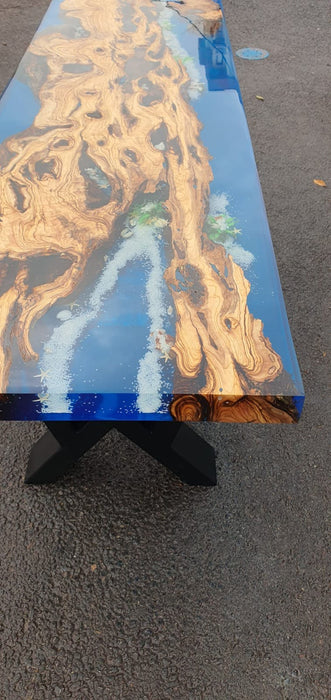 Olive Wood Table, Custom 50” x 17” Olive Blue Turquoise Epoxy Table, River Bench, Custom Epoxy Bench with Turtles, Custom Order for Marie