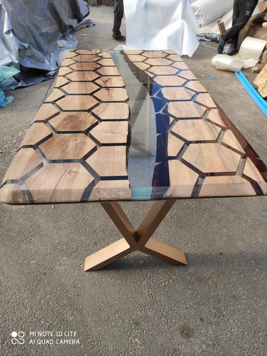 60” x 30” Walnut Clear Epoxy Table, Hexagon Honeycomb Table, Clear Resin Walnut Table, Handmade Epoxy Table, Unique Resin Table for E