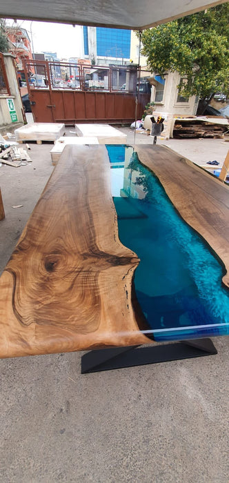 Walnut Dining Table, Live Edge Table, Custom 80” x 42” Walnut Sea Blue and Turquise Green Table, Epoxy River Dining Table, Order for Patel