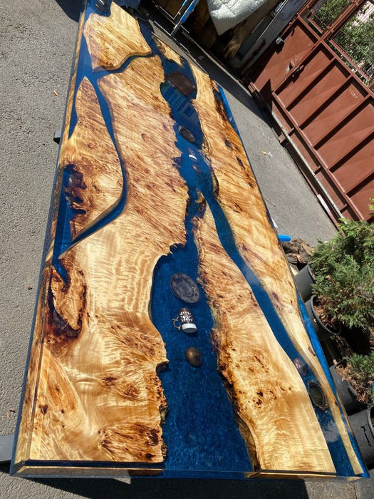 Poplar Epoxy Table, Poplar Table, Handmade Epoxy Table, Custom 96” x 40” Poplar Wood Shiny Deep Blue Epoxy, River Table Order for Allen