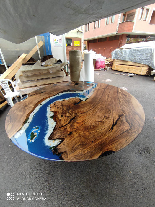 Round Dining Table, Custom 90” Diameter Round Table, Walnut Wood Ocean Theme Table, Epoxy River Table, Custom Order for Kimberly S