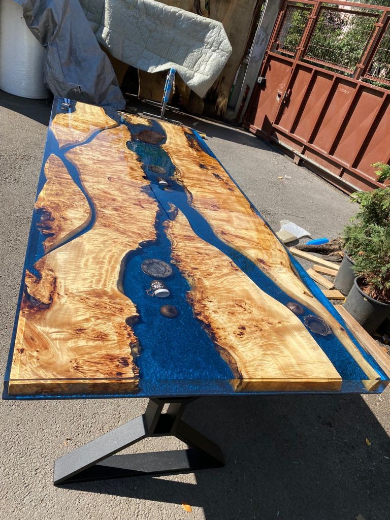 Poplar Epoxy Table, Handmade Epoxy Table, Custom 96” x 40” Poplar Wood Shiny Deep Blue Epoxy, River Aquarium Table Order for Allen