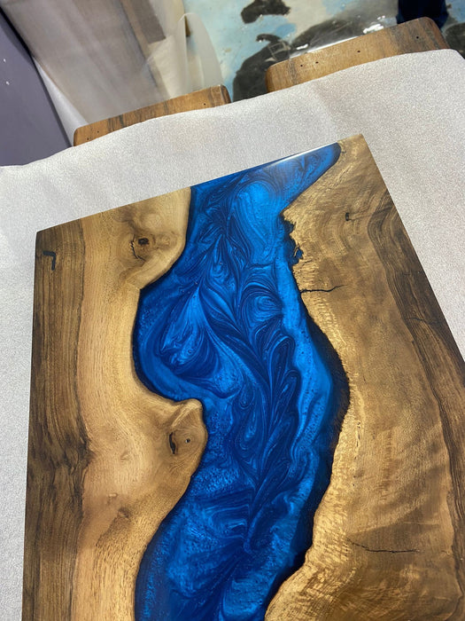 Custom Epoxy Resin River Table, 18” x 10” Walnut Wood Blue Table, Handmade Epoxy Table, Unique Resin Epoxy Table for Home and Office Peggy3