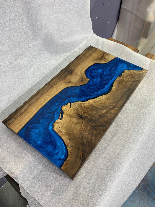 Custom Epoxy Resin River Table, 18” x 10” Walnut Wood Blue Table, Handmade Epoxy Table, Unique Resin Epoxy Table for Home and Office Peggy3