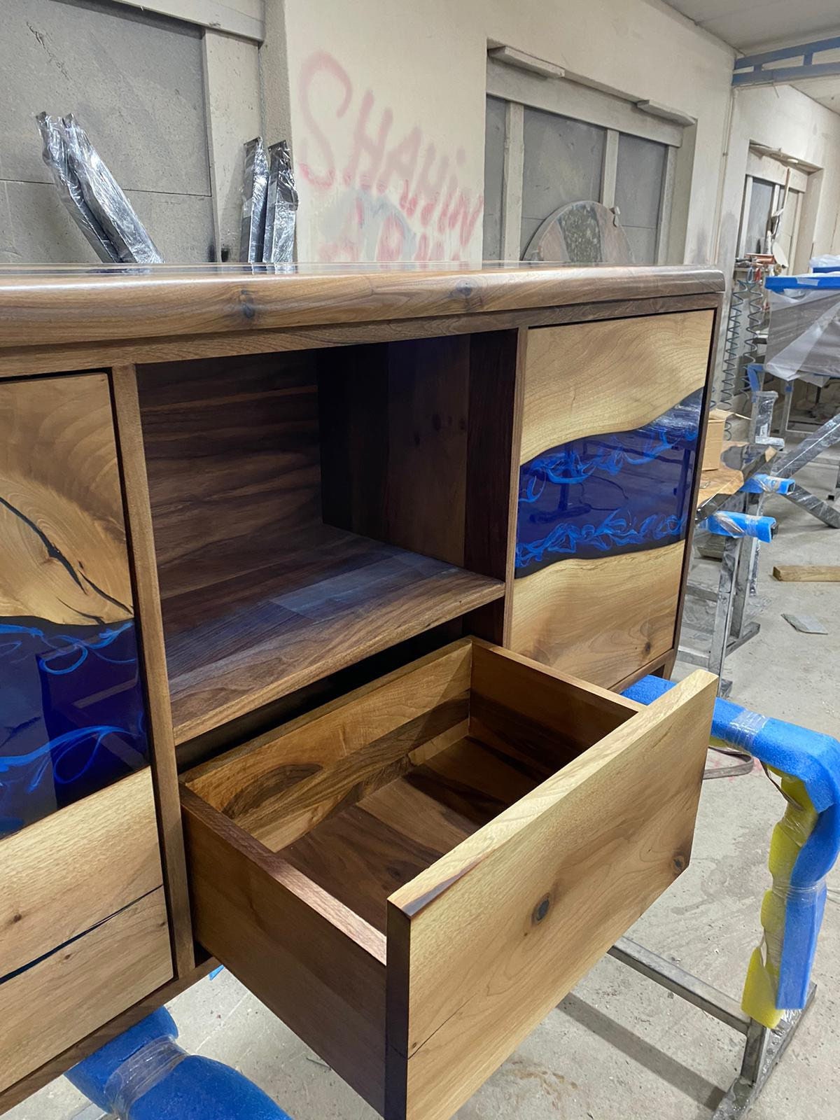 Custom 65” x 16” x 32” Epoxy Console, Walnut Blue Epoxy Resin Cabinet, Blue River Credenza, Walnut Shelf for Home for Leshea