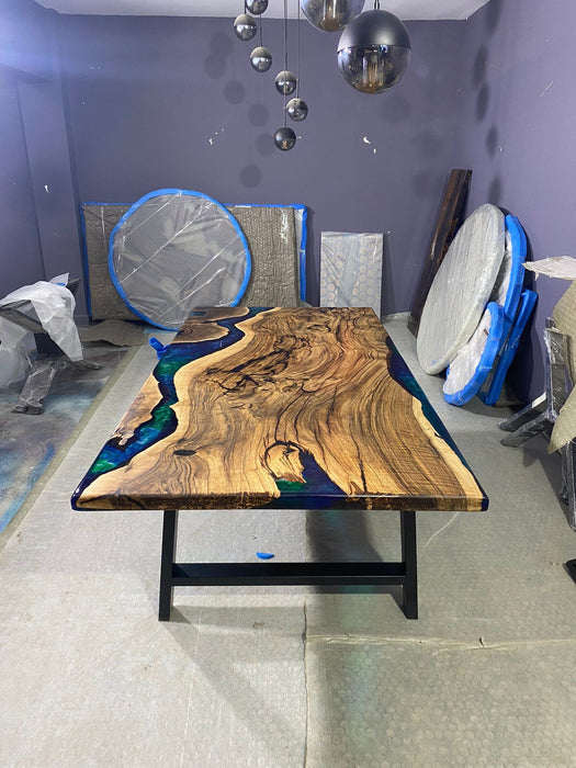 Live Edge Table, Epoxy Dining Table, Epoxy Resin Table, Custom 84” x 42” Walnut Blue, Turquoise, Green Epoxy Dining Table, for Tonyashah