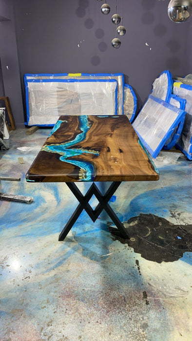 Live Edge Table, Handmade Epoxy Table, Custom 84” x 36” Walnut Blue and Turquise Green Epoxy with Rocks, River Dining Table Order for Vini