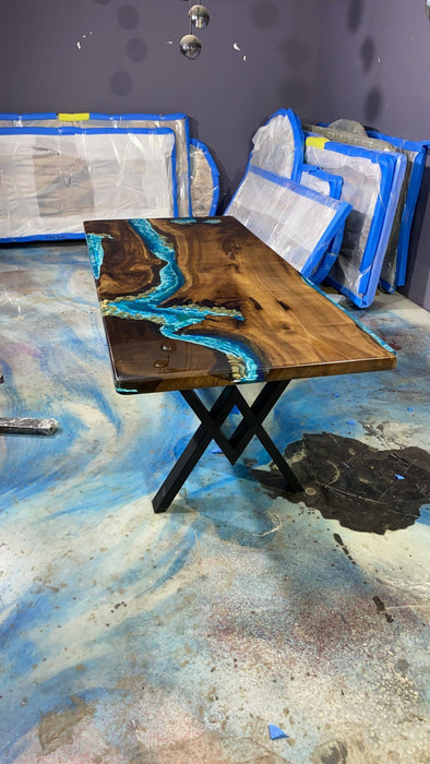 Live Edge Table, Handmade Epoxy Table, Custom 84” x 36” Walnut Blue and Turquise Green Epoxy with Rocks, River Dining Table Order for Vini