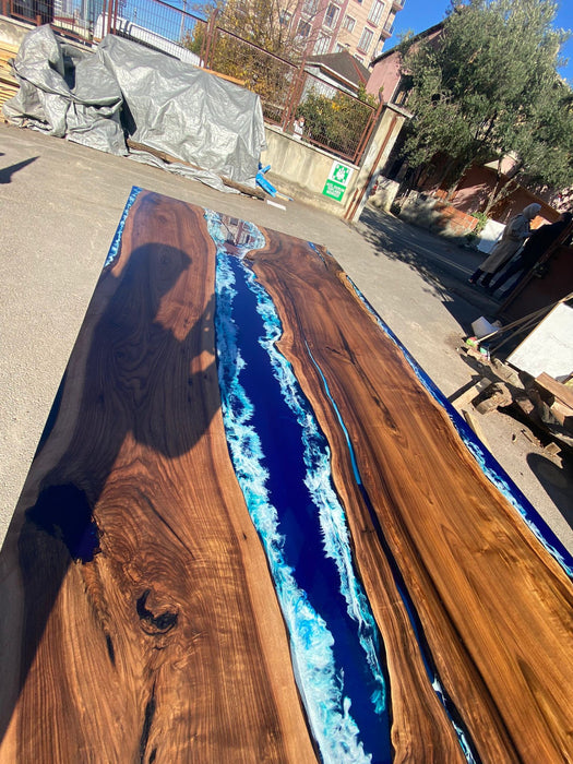 Walnut Dining Table, Live Edge Table, Custom 115” x 50” Walnut Ocean Blue, Turquoise White Waves Epoxy, River Dining Table Order for Kishan
