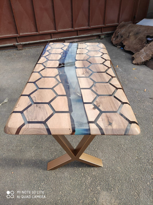 60” x 30” Walnut Clear Epoxy Table, Hexagon Honeycomb Table, Clear Resin Walnut Table, Handmade Epoxy Table, Unique Resin Table for E