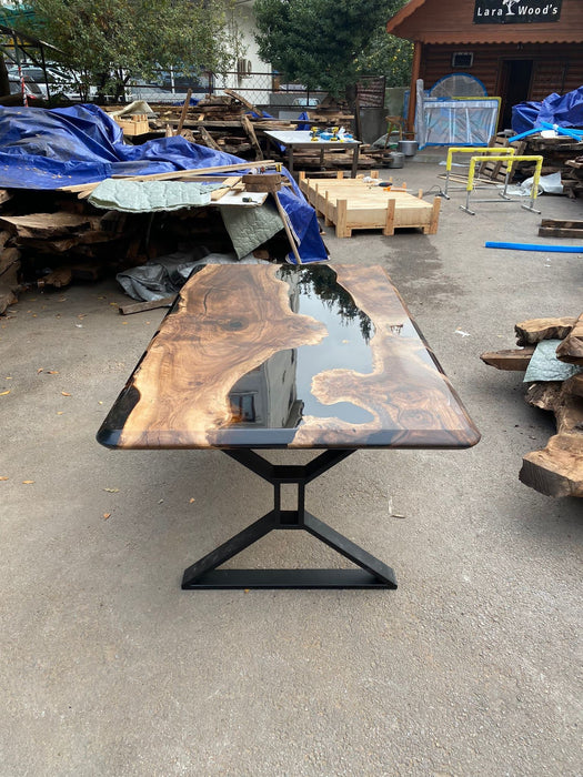 Epoxy Resin River Table, Epoxy Dining Table, Custom 72” x 40” Walnut Shiny Black Table, Handmade Epoxy Table Order for Lee D