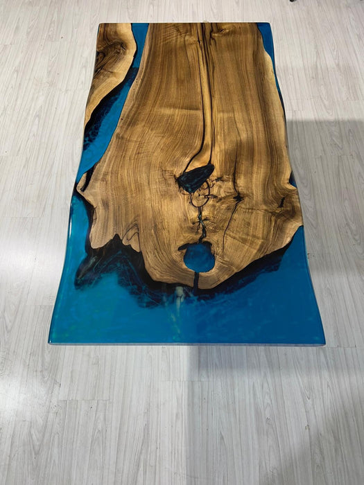 Epoxy Dining Table, Custom 52” x 28” Walnut Turquoise River with Phosphorus Dining Table in the Morning, Custom Order for Roxy