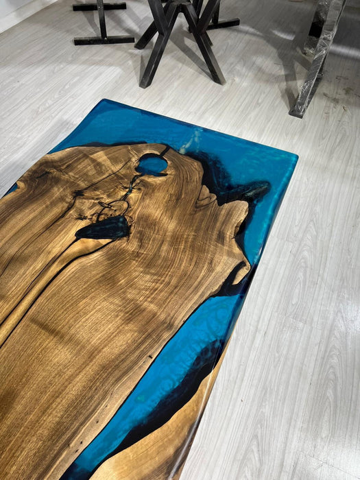 Epoxy Dining Table, Custom 52” x 28” Walnut Turquoise River with Phosphorus Dining Table in the Morning, Custom Order for Roxy