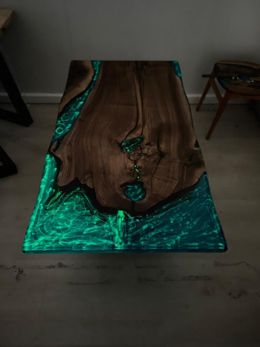 Unique Table, Handmade Epoxy Table, Custom 52” x 28” Walnut Turquoise River with Phosphorus Table, Dining Table at Night, Order for Roxy
