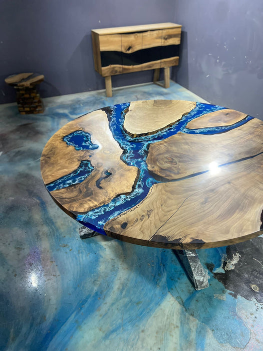 Epoxy Resin Table, Live Edge Table, Custom 72" Round Red Walnut sky blue/powder blue Table, Epoxy Dining Table Order for Ronald T