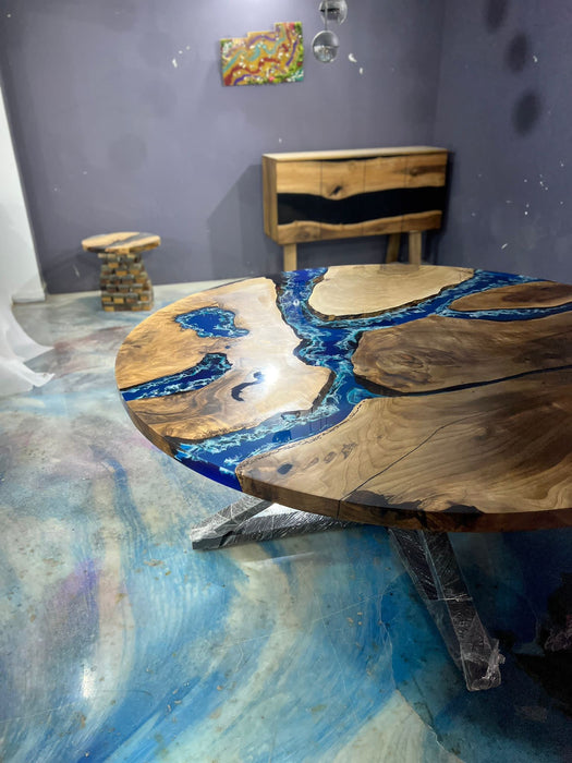 Epoxy Resin Table, Live Edge Table, Custom 72" Round Red Walnut sky blue/powder blue Table, Epoxy Dining Table Order for Ronald T