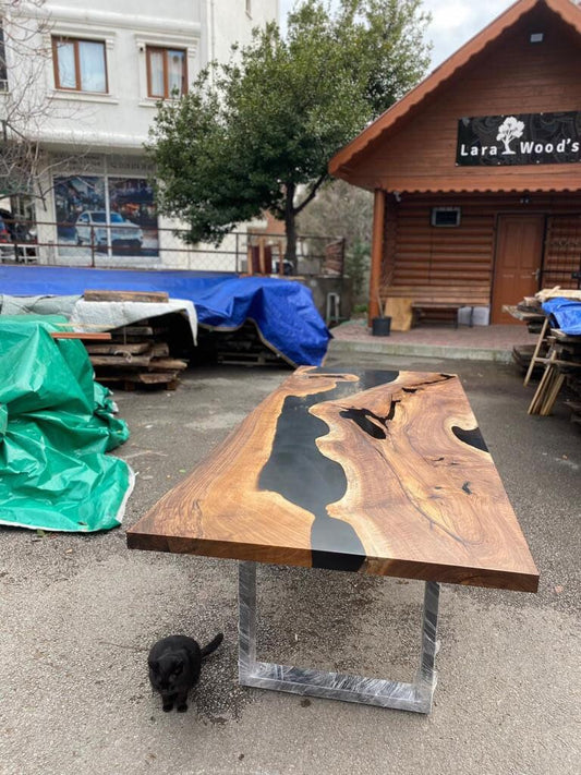 Epoxy Table, Epoxy Dining Table, Walnut Epoxy River Table, Custom 100” x 40” Walnut Black Epoxy Table Order for Sam D 1